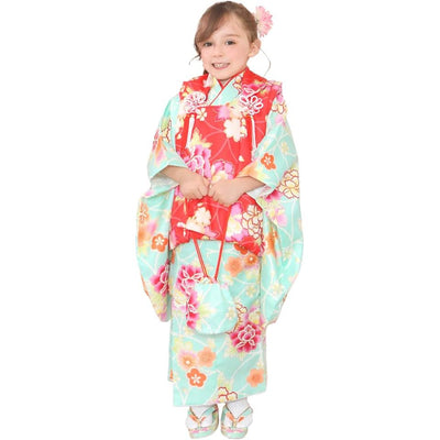 Full Kimono Set for 3 Years Old Mint Green & Red Shichigosan/New Years Ceremony