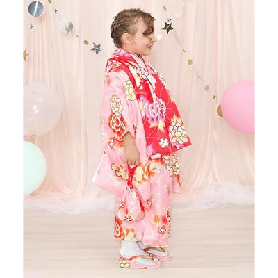Full Kimono Set for 3 Years Old Pink & Red Shichigosan/New Years Ceremony