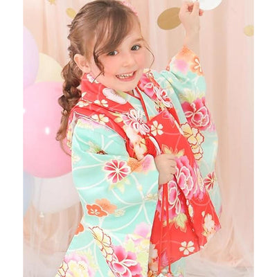 Full Kimono Set for 3 Years Old Mint Green & Red Shichigosan/New Years Ceremony