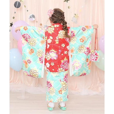 Full Kimono Set for 3 Years Old Mint Green & Red Shichigosan/New Years Ceremony