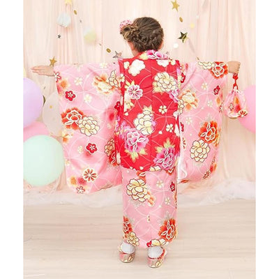 Full Kimono Set for 3 Years Old Pink & Red Shichigosan/New Years Ceremony