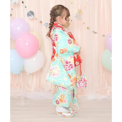 Full Kimono Set for 3 Years Old Mint Green & Red Shichigosan/New Years Ceremony