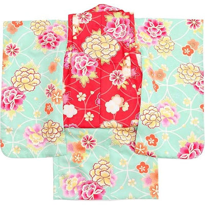 Full Kimono Set for 3 Years Old Mint Green & Red Shichigosan/New Years Ceremony