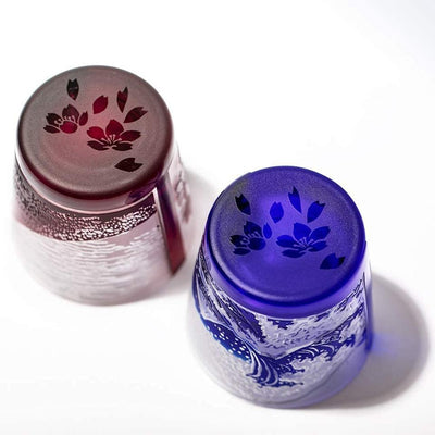 EDO Glass Pair Cold Sake Glass HOKUSAI Red Fuji Great Waves Sakura