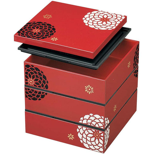 3-Stage 18cm Osechi Jubako Lunch Box Container Flower Red