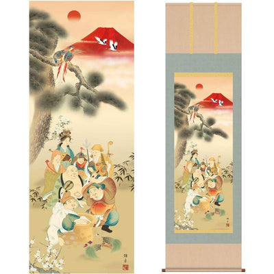Kakejiku Aka (Red) Fuji Seven Lucky God Fortune Hanging Scroll
