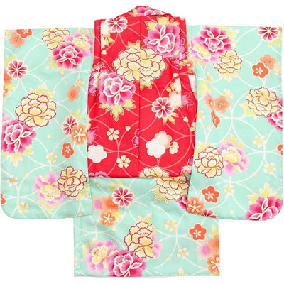 Full Kimono Set for 3 Years Old Mint Green & Red Shichigosan/New Years Ceremony