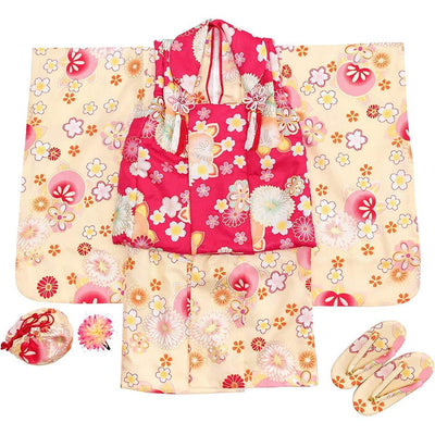Full Kimono Set for 3 Years Old Yellow & Pink Shichigosan/New Years Ceremony