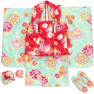 Full Kimono Set for 3 Years Old Mint Green & Red Shichigosan/New Years Ceremony