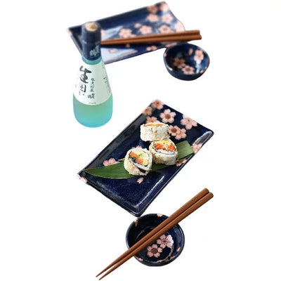 Mino Ware Sushi/Sashimi Plate set Sakura Navy Blue