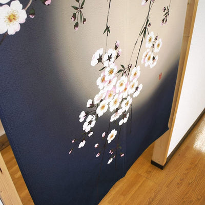 NOREN Japanese Doorway Curtain Shidare Sakura Moon 150 x 85cm Navy Blue