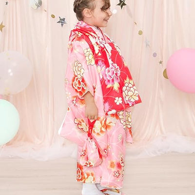 Full Kimono Set for 3 Years Old Pink & Red Shichigosan/New Years Ceremony