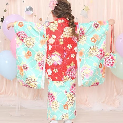 Full Kimono Set for 3 Years Old Mint Green & Red Shichigosan/New Years Ceremony