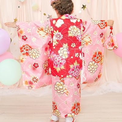 Full Kimono Set for 3 Years Old Pink & Red Shichigosan/New Years Ceremony