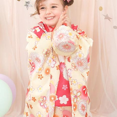 Full Kimono Set for 3 Years Old Yellow & Pink Shichigosan/New Years Ceremony