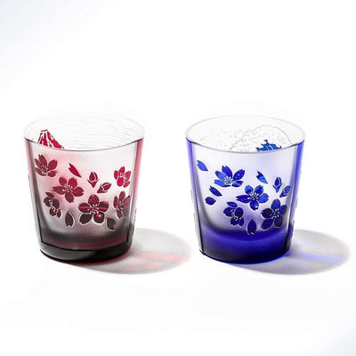 EDO Glass Pair Cold Sake Glass HOKUSAI Red Fuji Great Waves Sakura
