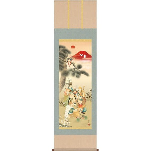 Kakejiku Aka (Red) Fuji Seven Lucky God Fortune Hanging Scroll