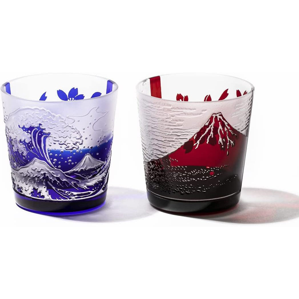 EDO Glass Pair Cold Sake Glass HOKUSAI Red Fuji Great Waves Sakura