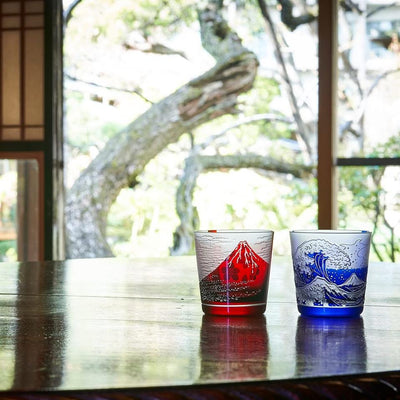 EDO Glass Pair Cold Sake Glass HOKUSAI Red Fuji Great Waves Sakura