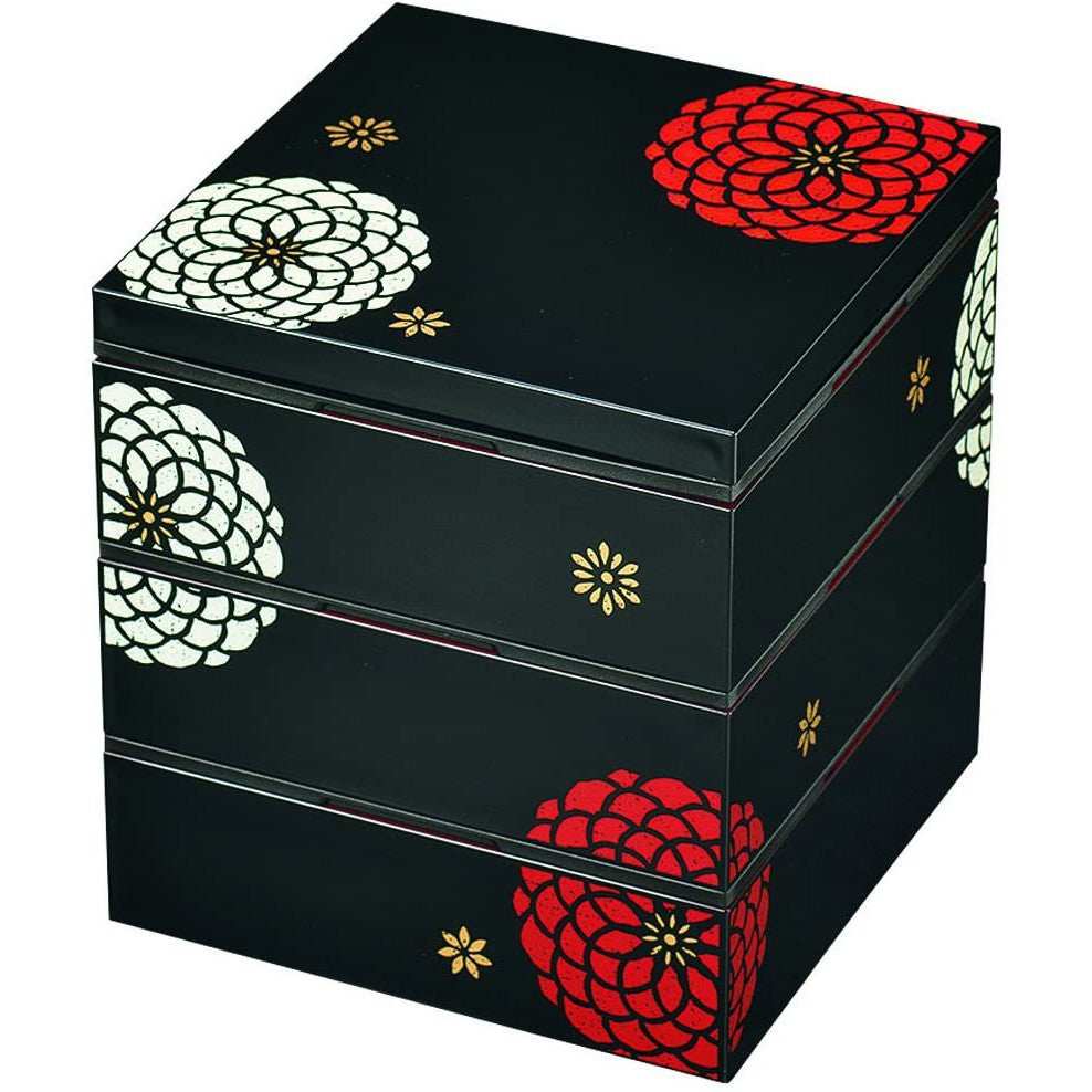 3-Stage 18cm Osechi Jubako Lunch Box Container Flower Black 