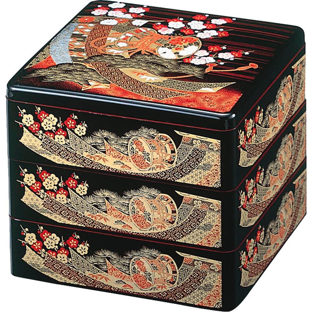 3-Stage 19.6cm Beautiful Osechi Jubako Lunch Box Flower Drum Black