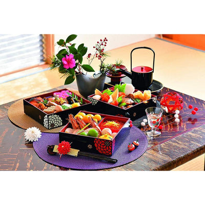 3-Stage 18cm Osechi Jubako Lunch Box Container Flower Black 